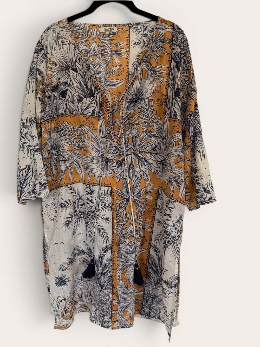 Natura Women's Tropical Print Cotton Kaftan Dress with Beaded Tassel Neckline